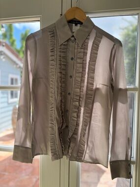Lida Baday Women's Taupe Ruffle Front Button-Down Shirt 100% Silk
